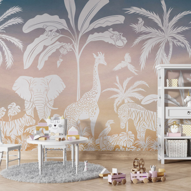 Tapet personalizat Monochrome Jungle - Sky Pink, cu siluete albe de animale sălbatice tropicale pe fundal gradient.