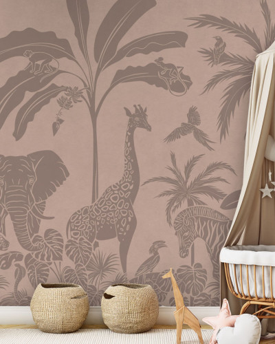 Tapet cu design jungla vintage roz cu girafe, elefanți, zebre și maimuțe
