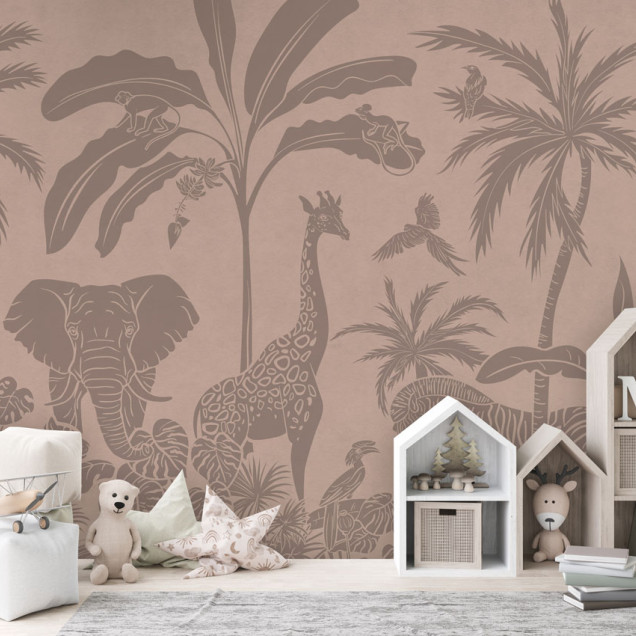 Tapet cu design jungla vintage roz cu girafe, elefanți, zebre și maimuțe