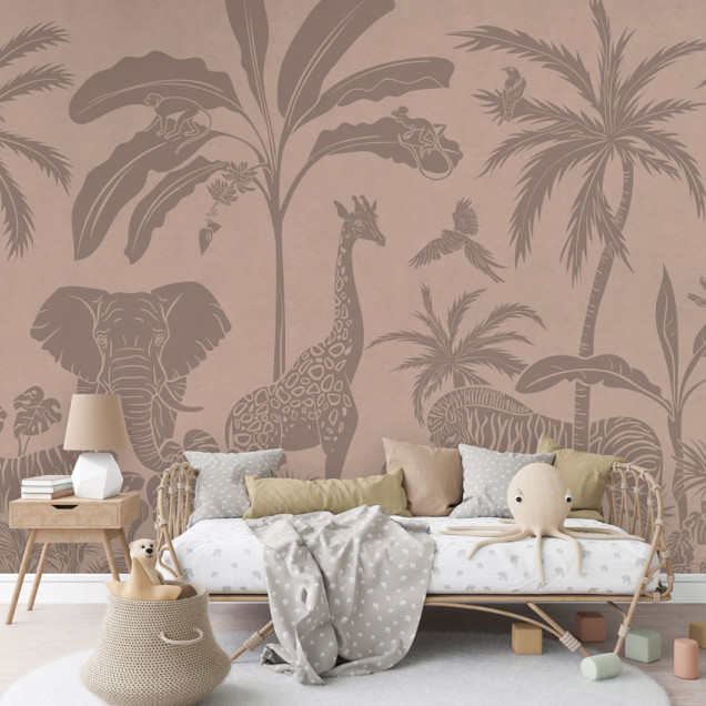 Tapet cu design jungla vintage roz cu girafe, elefanți, zebre și maimuțe