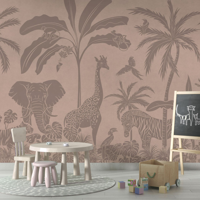 Tapet cu design jungla vintage roz cu girafe, elefanți, zebre și maimuțe