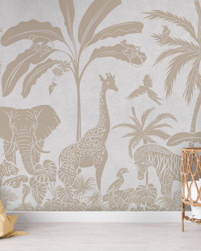 Tapet personalizat cu design monocrom a animalelor din junglă, ideale pentru o atmosfera vintage. Imaginea prezinta elefanti, girafe, zebre, maimute si palmieri.