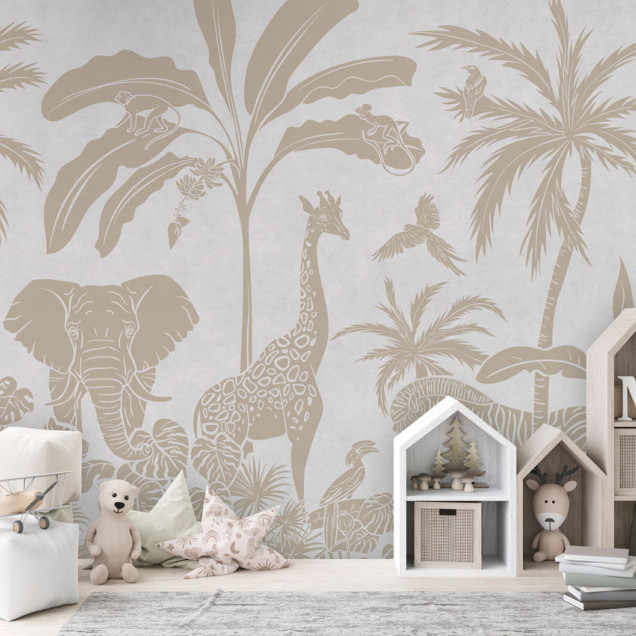 Tapet personalizat cu design monocrom a animalelor din junglă, ideale pentru o atmosfera vintage. Imaginea prezinta elefanti, girafe, zebre, maimute si palmieri.