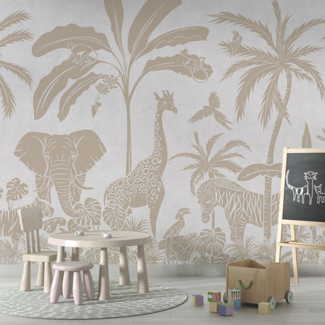 Tapet personalizat cu design monocrom a animalelor din junglă, ideale pentru o atmosfera vintage. Imaginea prezinta elefanti, girafe, zebre, maimute si palmieri.