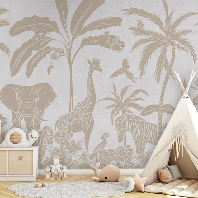 Tapet personalizat cu design monocrom a animalelor din junglă, ideale pentru o atmosfera vintage. Imaginea prezinta elefanti, girafe, zebre, maimute si palmieri.