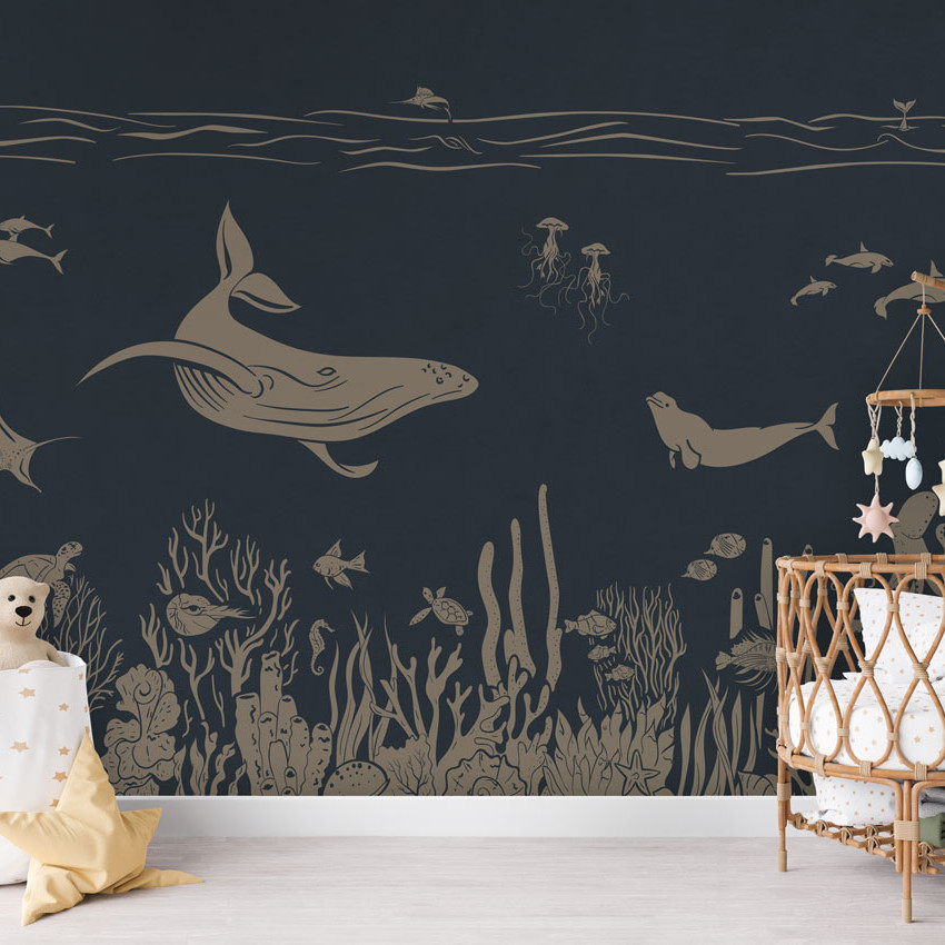 Tapet personalizat Monochrome Sea - Blue Vintage, cu o balenă, corali și pești, pe un fundal albastru