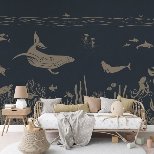 Tapet personalizat Monochrome Sea - Blue Vintage, cu o balenă, corali și pești, pe un fundal albastru