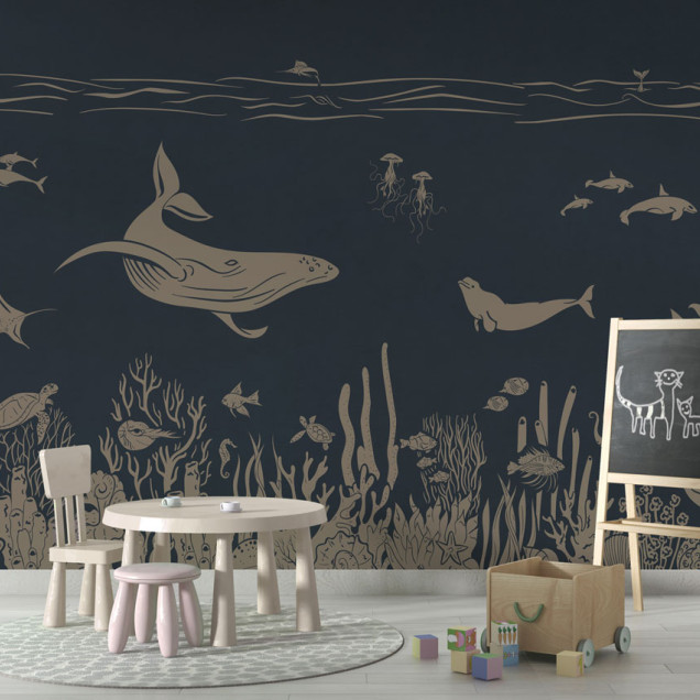 Tapet personalizat Monochrome Sea - Blue Vintage, cu o balenă, corali și pești, pe un fundal albastru