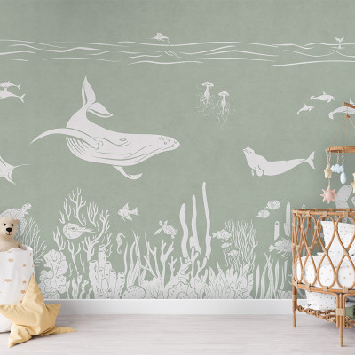 Tapet personalizat cu design marin monocrom, ilustrând o balenă, o focă, pești, corali și alte creaturi marine pe un fundal verde.