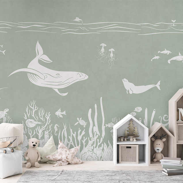 Tapet personalizat cu design marin monocrom, ilustrând o balenă, o focă, pești, corali și alte creaturi marine pe un fundal verde.