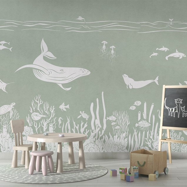 Tapet personalizat cu design marin monocrom, ilustrând o balenă, o focă, pești, corali și alte creaturi marine pe un fundal verde.