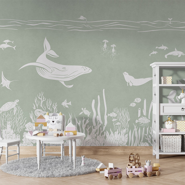 Tapet personalizat cu design marin monocrom, ilustrând o balenă, o focă, pești, corali și alte creaturi marine pe un fundal verde.