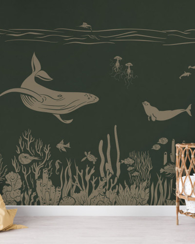 Tapet Monochrome Sea - Green Vintage, cu design marin, o balena inotand printre corali, pesti si meduze