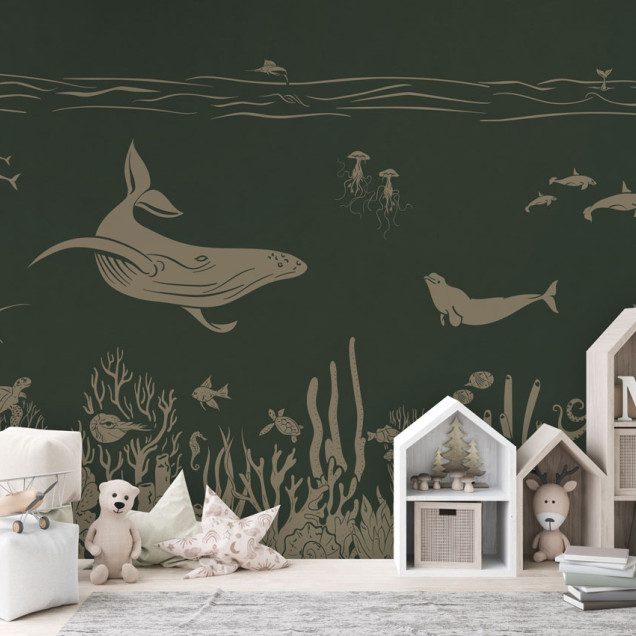 Tapet Monochrome Sea - Green Vintage, cu design marin, o balena inotand printre corali, pesti si meduze
