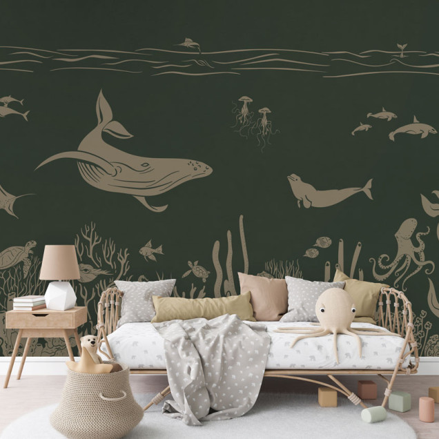 Tapet Monochrome Sea - Green Vintage, cu design marin, o balena inotand printre corali, pesti si meduze