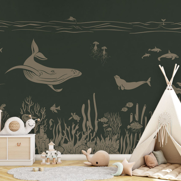 Tapet Monochrome Sea - Green Vintage, cu design marin, o balena inotand printre corali, pesti si meduze