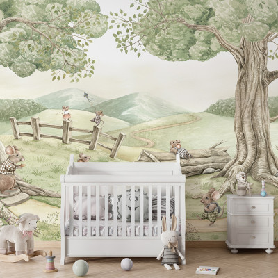 Tapet cu o familie de șoareci drăguți într-un decor natural, perfect pentru o cameră de copii.