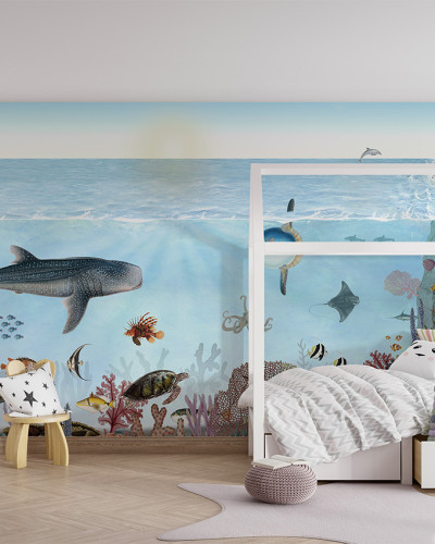 Tapet personalizat Ocean Lookbook, cu o imagine a unui recif de corali vibrant, cu pesti multicolori, rechini si alte vietuitoare marine.