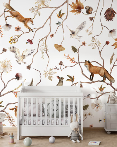Tapet Playful Forest cu animale și ramuri