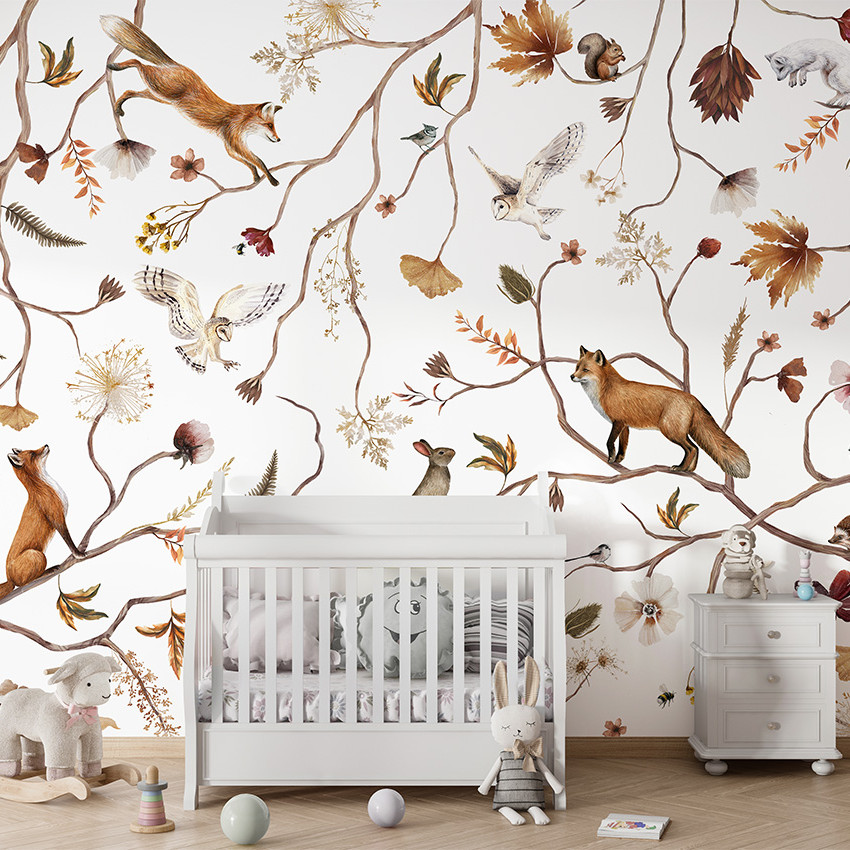 Tapet Playful Forest cu animale și ramuri