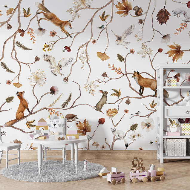Tapet Playful Forest cu animale și ramuri