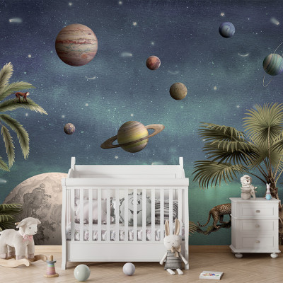 Tapet cu design spațial, Pretty Planets, cu planete colorate, stele, palmieri și leoparzi.