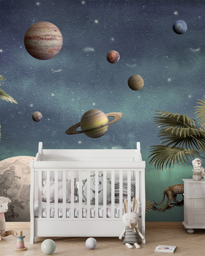 Tapet cu design spațial, Pretty Planets, cu planete colorate, stele, palmieri și leoparzi.
