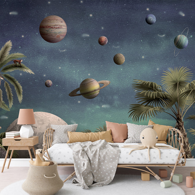 Tapet cu design spațial, Pretty Planets, cu planete colorate, stele, palmieri și leoparzi.
