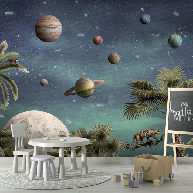 Tapet cu design spațial, Pretty Planets, cu planete colorate, stele, palmieri și leoparzi.