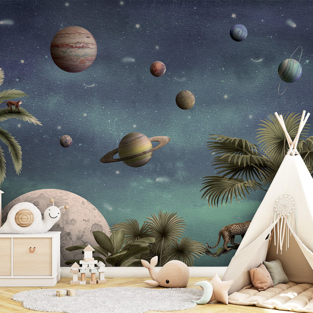 Tapet cu design spațial, Pretty Planets, cu planete colorate, stele, palmieri și leoparzi.