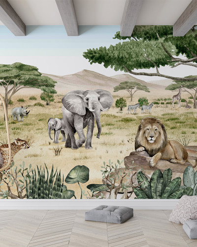 Tapet cu peisaj african, cu elefanți, lei, girafe și alte animale sălbatice.