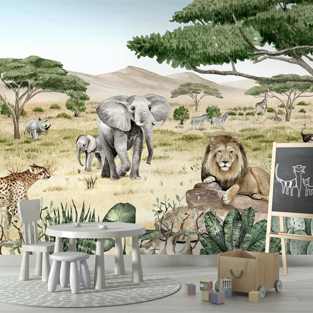 Tapet cu peisaj african, cu elefanți, lei, girafe și alte animale sălbatice.