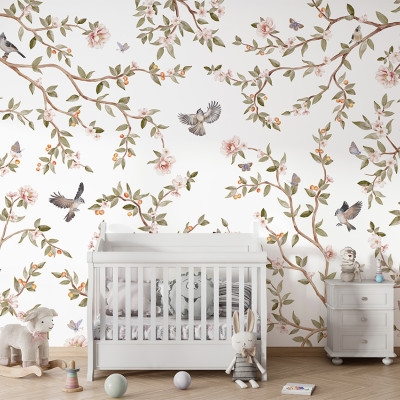Tapet floral cu flori roz, ramuri delicate si pasarele