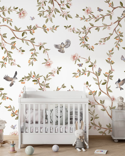 Tapet floral cu flori roz, ramuri delicate si pasarele