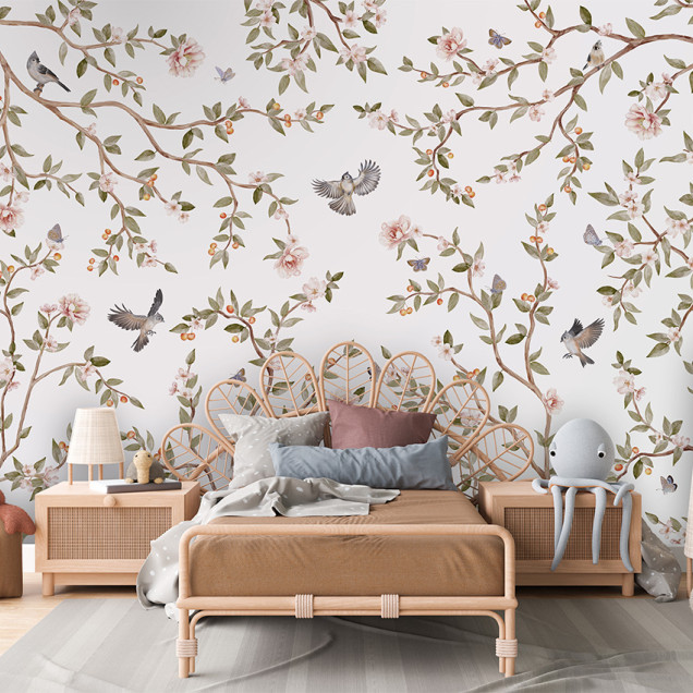 Tapet floral cu flori roz, ramuri delicate si pasarele