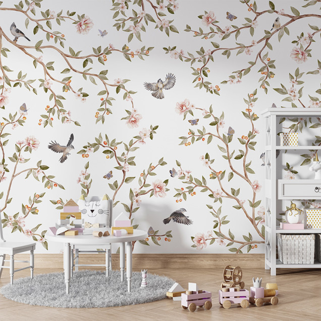 Tapet floral cu flori roz, ramuri delicate si pasarele