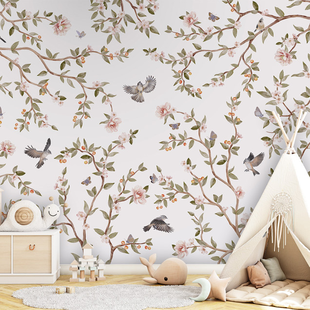Tapet floral cu flori roz, ramuri delicate si pasarele