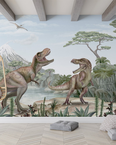 Tapet cu doi dinozauri T-Rex intr-o jungla luxurianta cu un vulcan in fundal