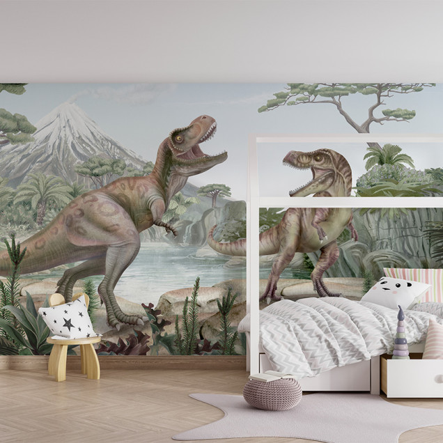 Tapet cu doi dinozauri T-Rex intr-o jungla luxurianta cu un vulcan in fundal