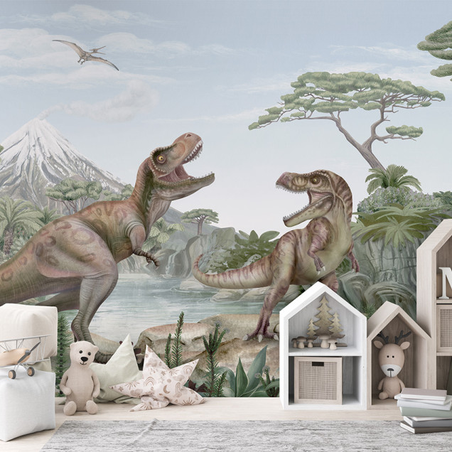 Tapet cu doi dinozauri T-Rex intr-o jungla luxurianta cu un vulcan in fundal