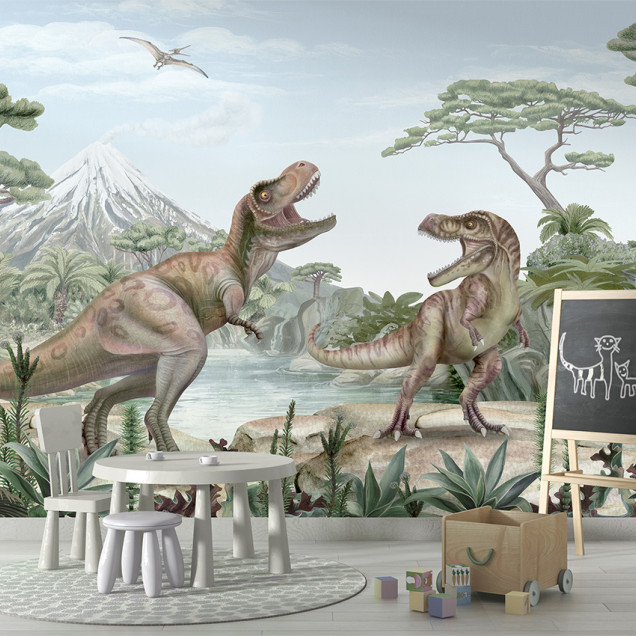 Tapet cu doi dinozauri T-Rex intr-o jungla luxurianta cu un vulcan in fundal