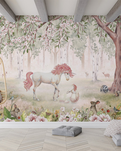 Tapet cu unicorn roz in padurea cu flori roz