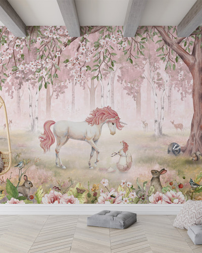 Tapet personalizat Pădurea Unicornilor - Roz, cu un unicorn roz adorabil într-o pădure fermecată.