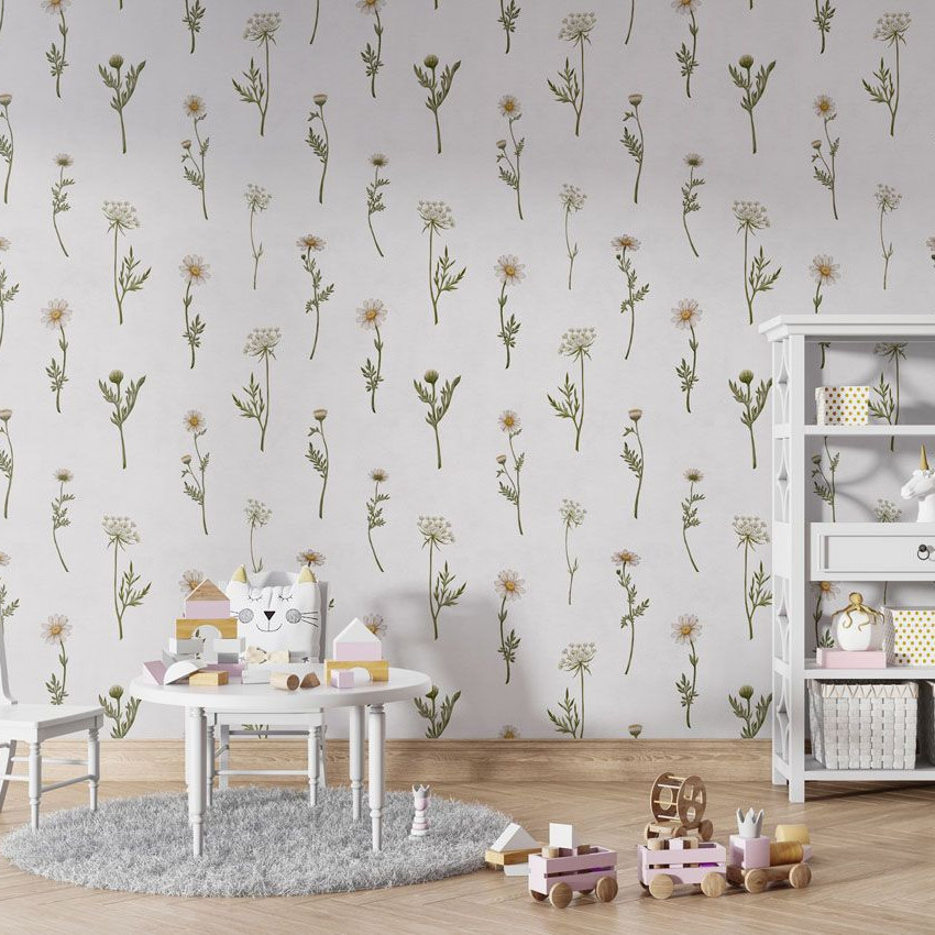 Tapet floral cu margarete pentru camera copiilor