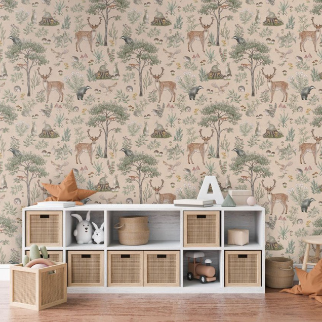 Tapet cu design de pădure și animale, nuanțe de bej