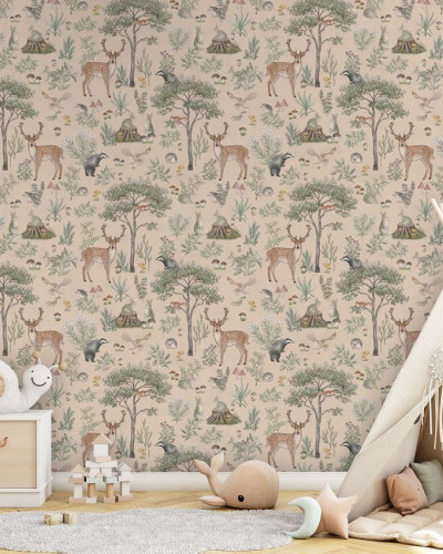 Tapet cu design de pădure și animale, nuanțe de bej