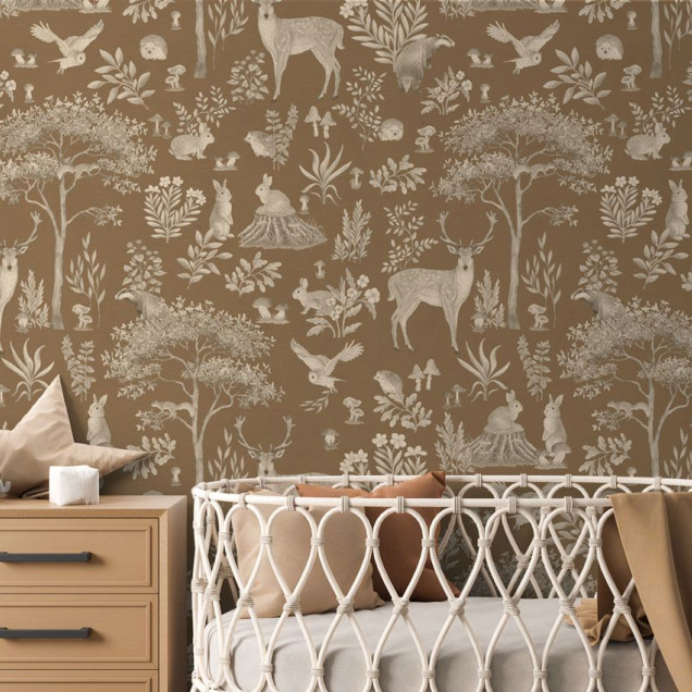 Tapet vintage maro cu design pădure