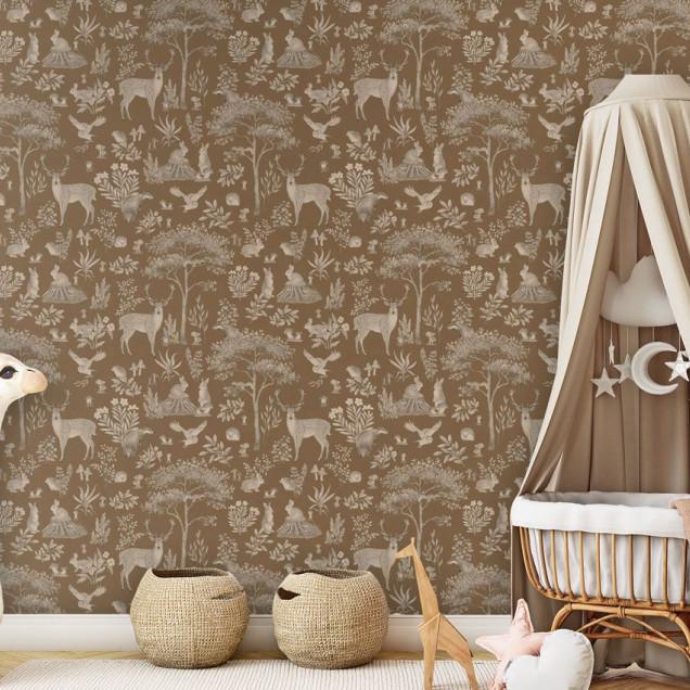 Tapet vintage maro cu design pădure