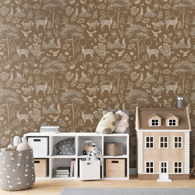 Tapet vintage maro cu design pădure