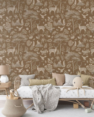 Tapet vintage maro cu design pădure